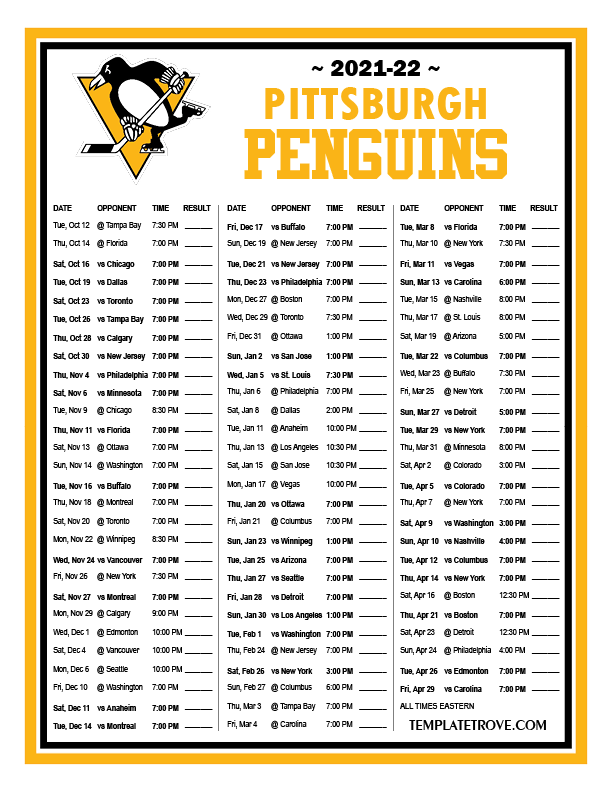 Pittsburgh Penguins Calendar 2022 Printable 2021-2022 Pittsburgh Penguins Schedule