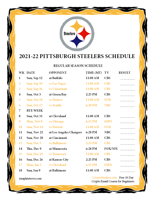 Printable 2021-2022 Pittsburgh Steelers Schedule
