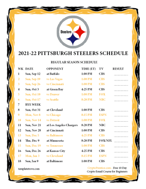 Pittsburgh Steelers 2021-22 Printable Schedule