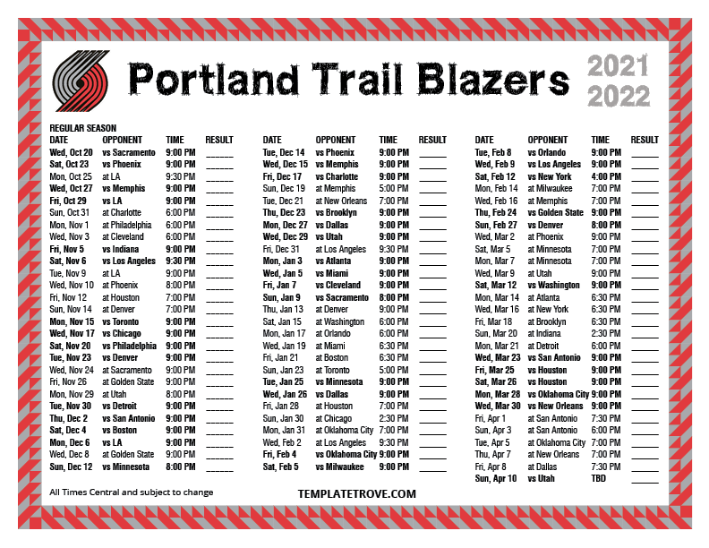 Blazers Schedule Printable - Printable World Holiday