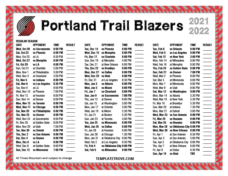 Printable 20212022 Portland Trail Blazers Schedule