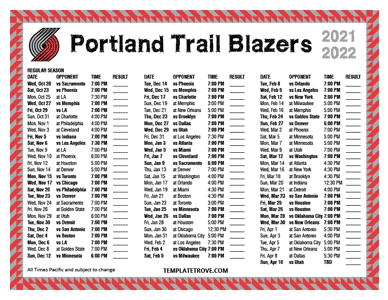 Portland Trail Blazers 2021-22 Printable Schedule - Pacific Times