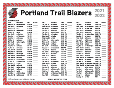 Portland Trail Blazers 2021-22 Printable Schedule