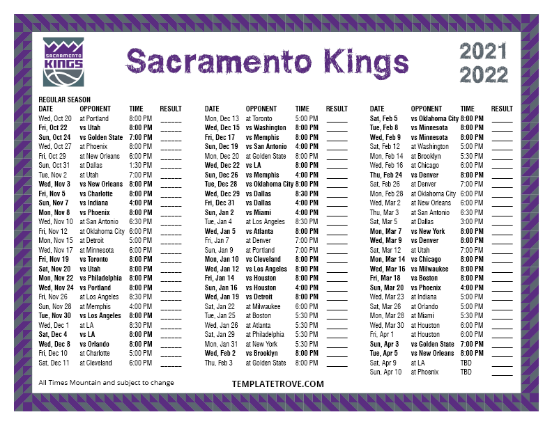 Kings Schedule 2022 Printable 2021-2022 Sacramento Kings Schedule