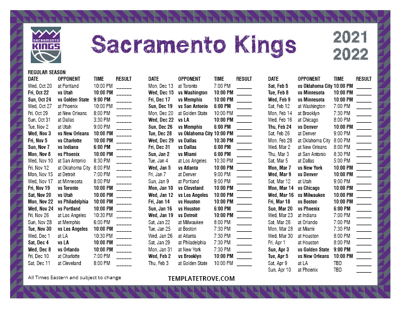 Printable 20212022 Sacramento Kings Schedule