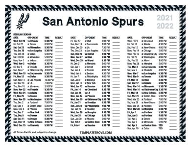 San Antonio Spurs 2021-22 Printable Schedule - Pacific Times