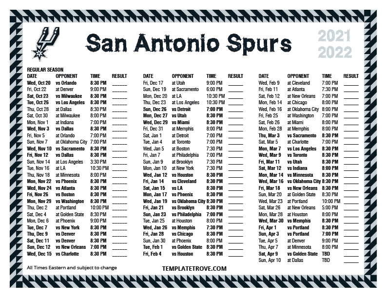 Printable 2021-2022 San Antonio Spurs Schedule
