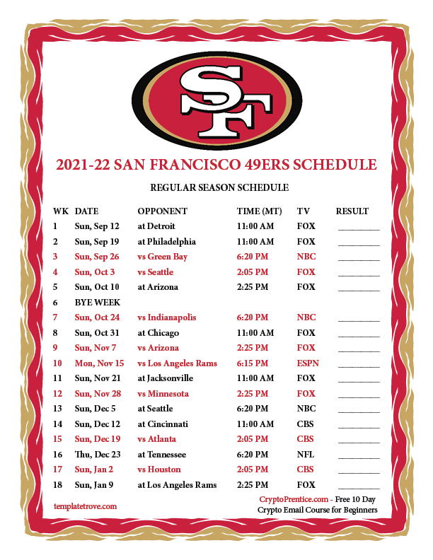 Printable 20212022 San Francisco 49ers Schedule