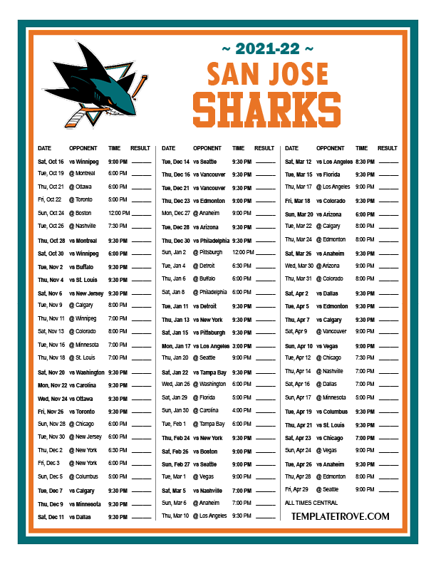 2021 2022 Printable San Jose Sharks Schedule CT PNG 