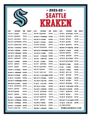 Seattle Kraken 2021-22 Printable Schedule - Central Times