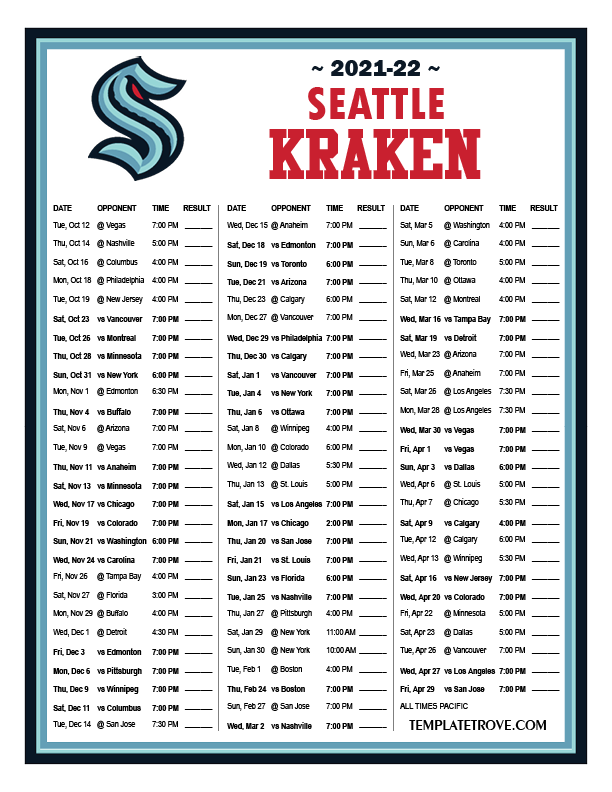 Printable 2021 2022 Seattle Kraken Schedule