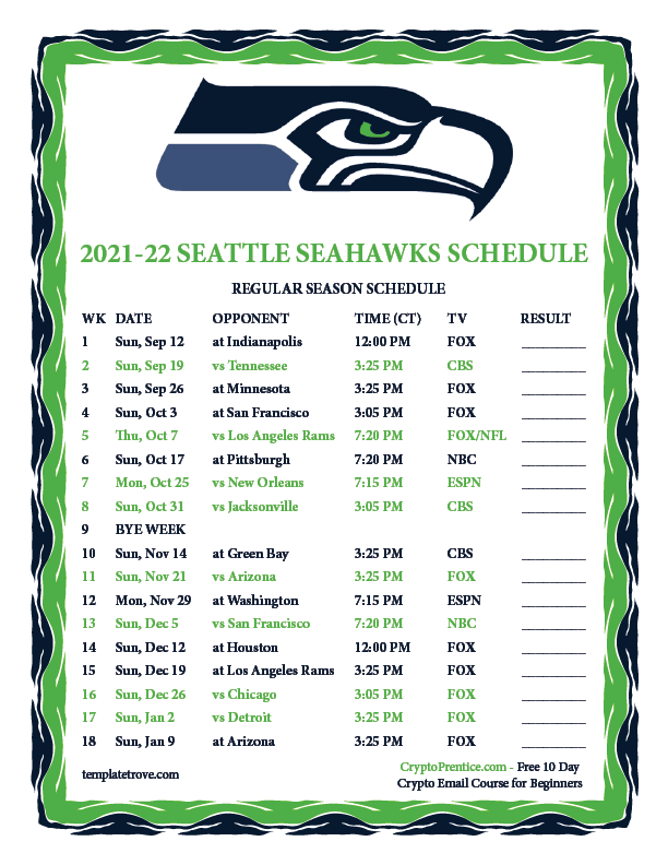 Printable 20212022 Seattle Seahawks Schedule