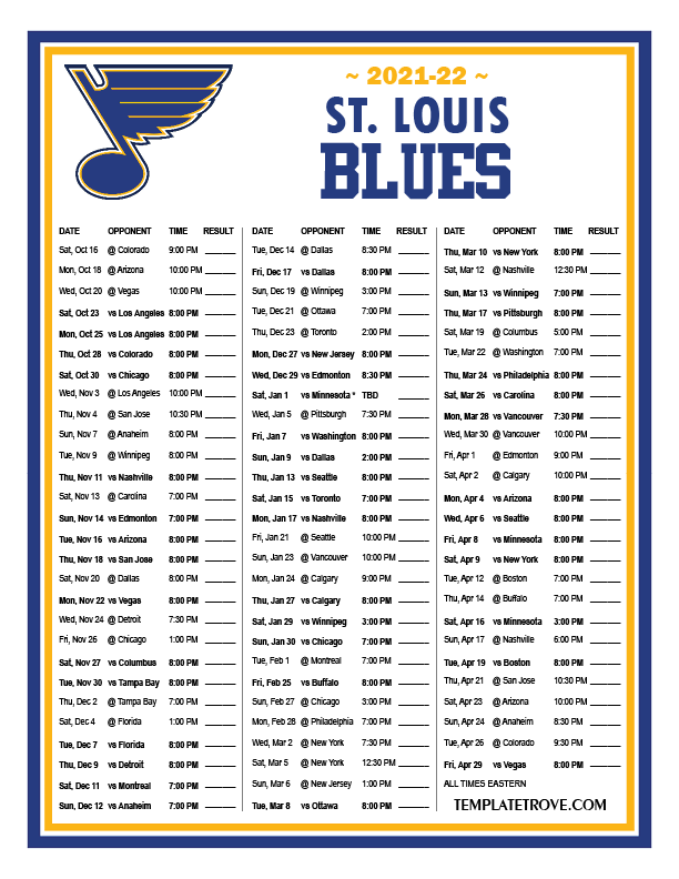 Printable 2021 2022 St Louis Blues Schedule