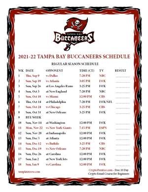 Tampa Bay Buccaneers 2021-22 Printable Schedule - Central Times