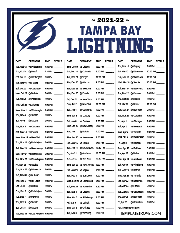 Lightning Playoff Schedule 2022 Printable 2021-2022 Tampa Bay Lightning Schedule