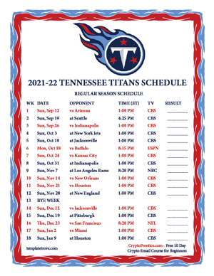 Tennessee Titans 2021-22 Printable Schedule