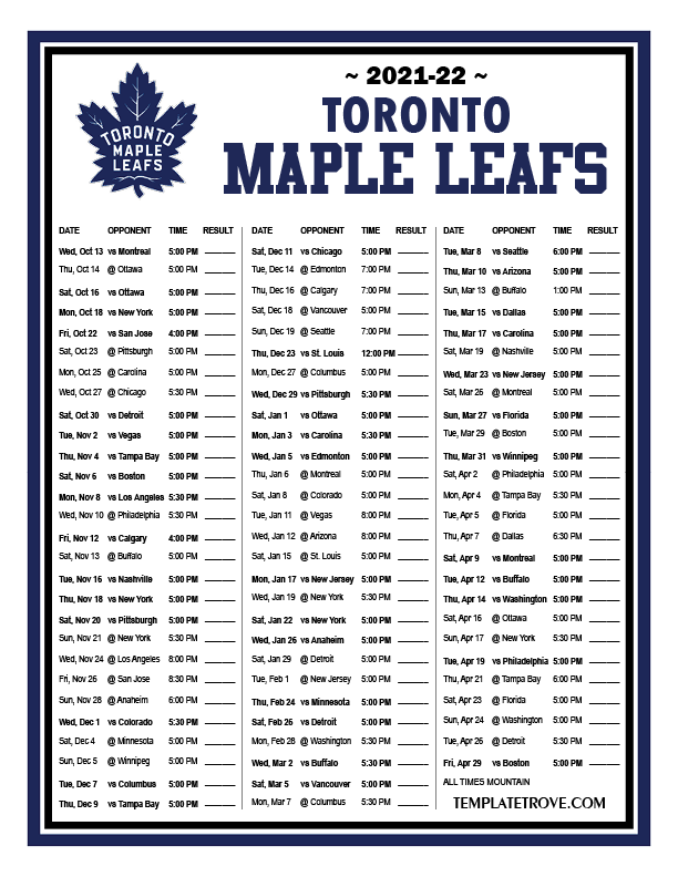 Printable 20212022 Toronto Maple Leafs Schedule