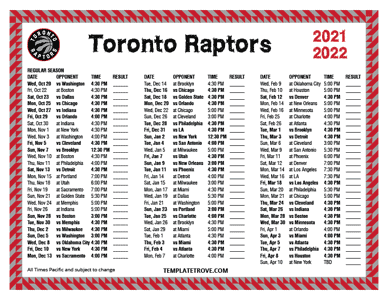 Toronto Raptors 2021-22 Printable Schedule - Pacific Times