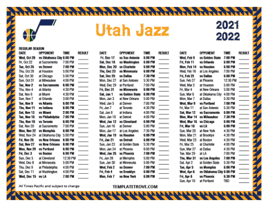 Utah Jazz 2021-22 Printable Schedule - Pacific Times