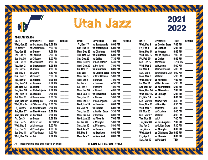 Printable 2021-2022 Utah Jazz Schedule