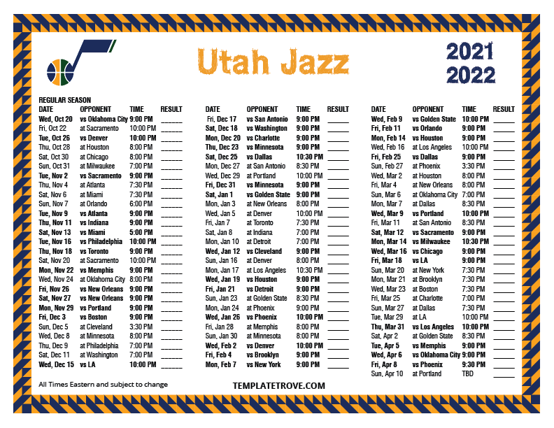 Printable 20212022 Utah Jazz Schedule