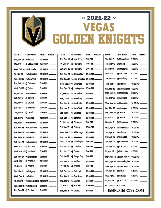 Printable 2021-2022 Vegas Golden Knights Schedule