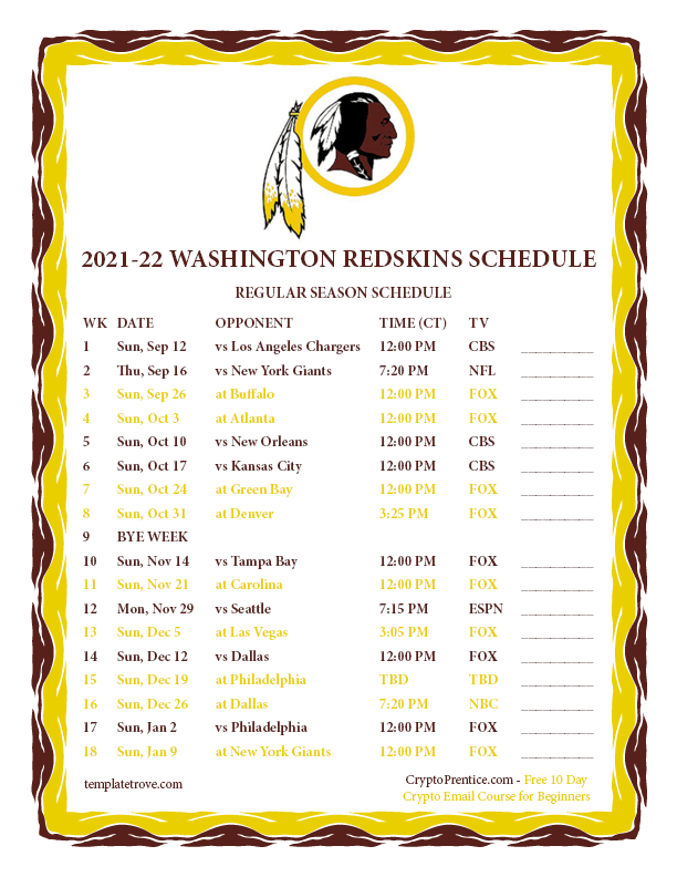 Printable 20212022 Washington Redskins Schedule