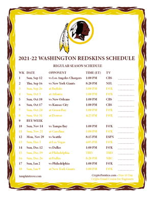 Washington Redskins 2021-22 Printable Schedule