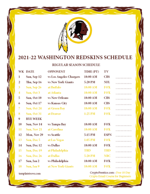 Washington Redskins 2021-22 Printable Schedule - Pacific Times