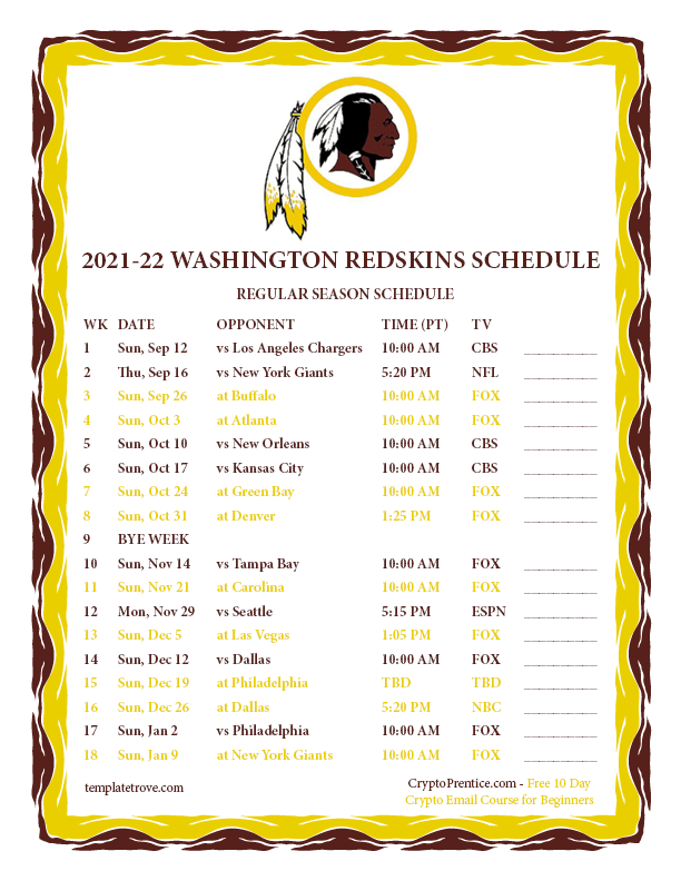 Printable 2021-2022 Washington Redskins Schedule