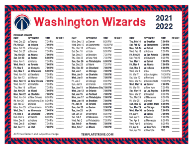 Washington Wizards 2021-22 Printable Schedule