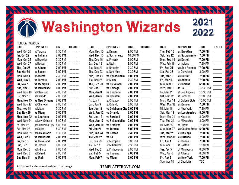 Printable 20212022 Washington Wizards Schedule