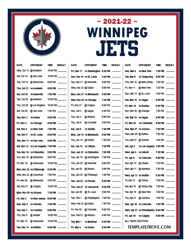Printable 20212022 Winnipeg Jets Schedule