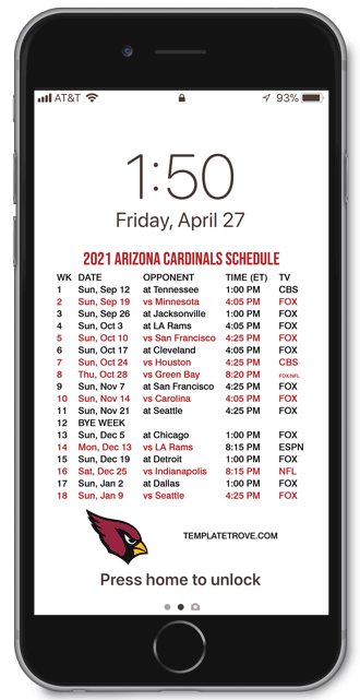 2021 Arizona Cardinals Lock Screen Schedule