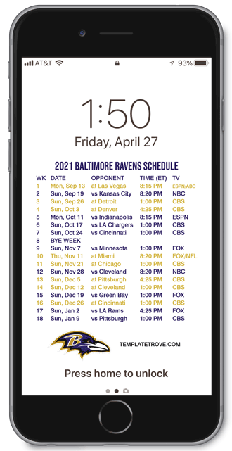 2021 Baltimore Ravens Lock Screen Schedule