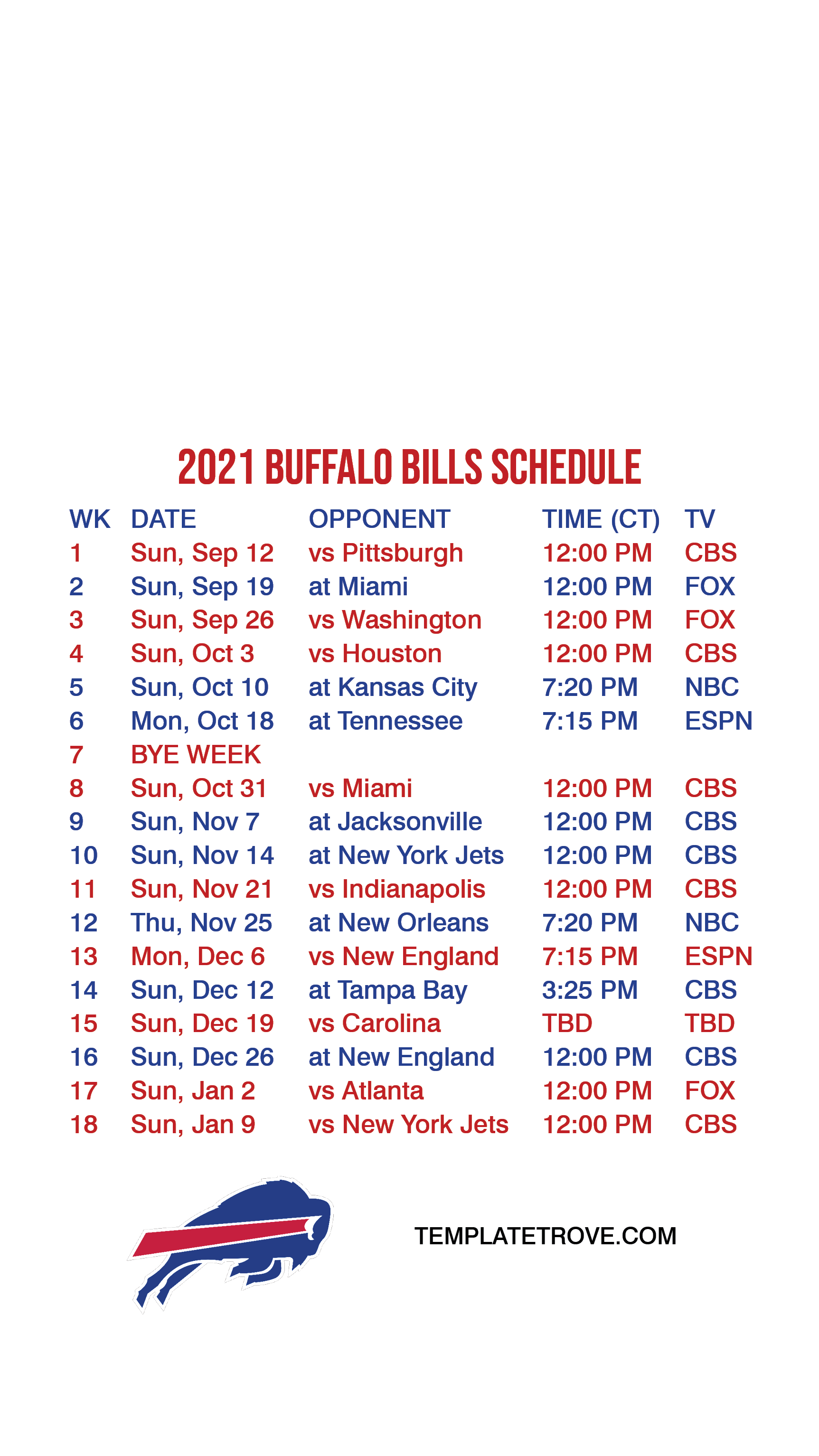 2021-2022 Buffalo Bills Lock Screen Schedule for iPhone 6-7-8 Plus
