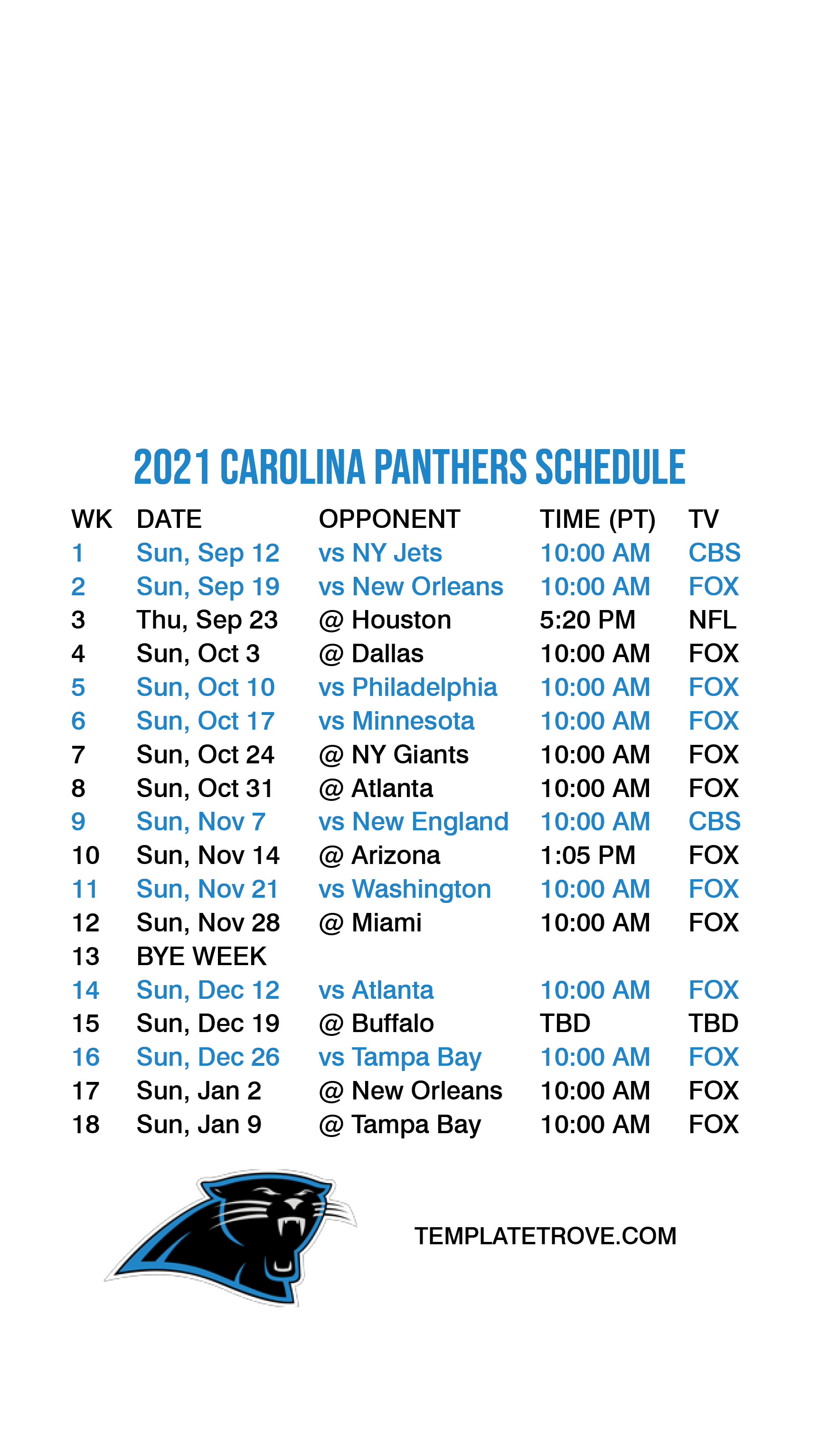 carolina panthers regular season schedule