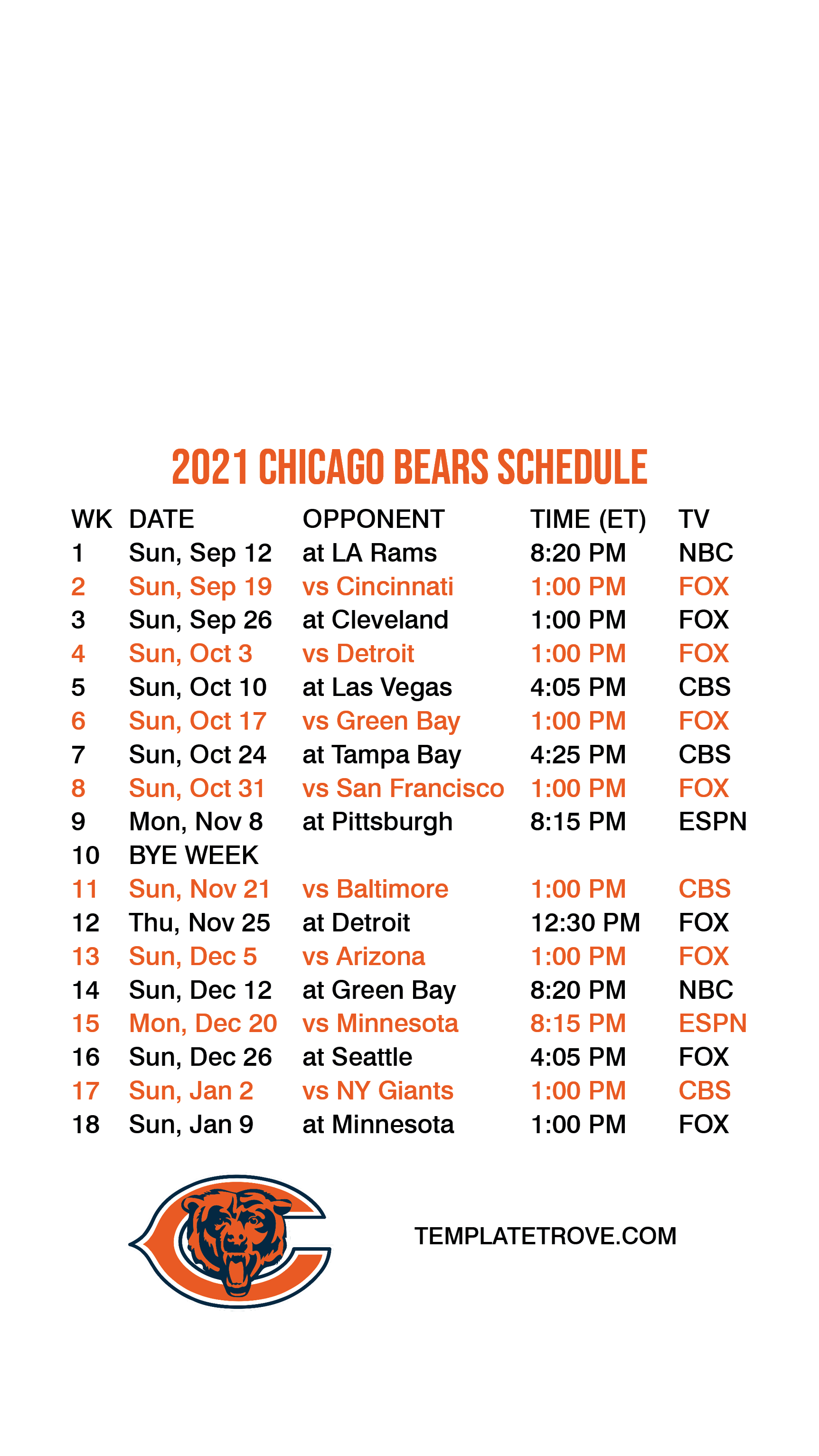 2021-2022 Chicago Bears Lock Screen Schedule for iPhone 6-7-8 Plus