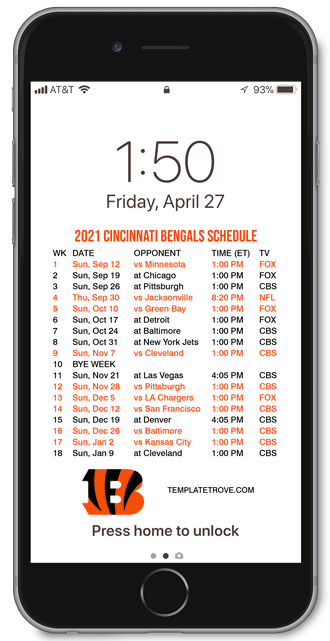 2021 Cincinnati Bengals Lock Screen Schedule