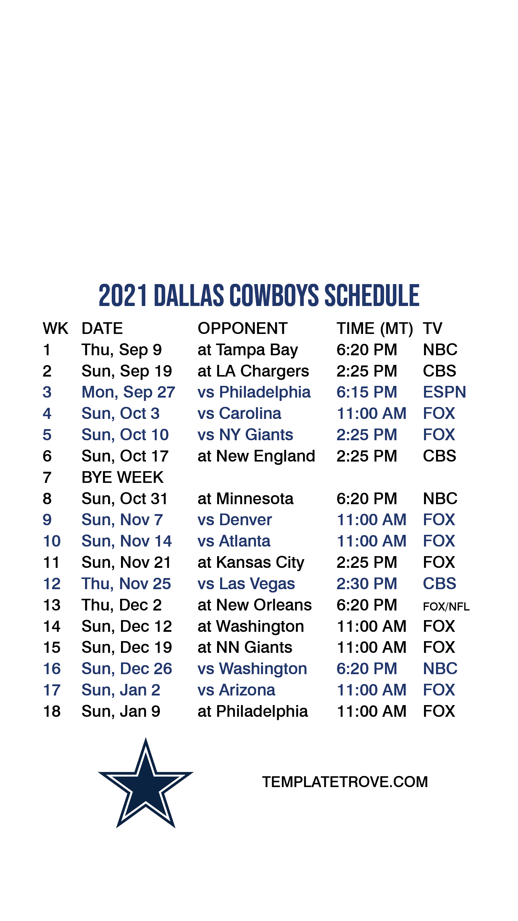 2021-2022 Dallas Cowboys Lock Screen Schedule for iPhone 6-7-8 Plus