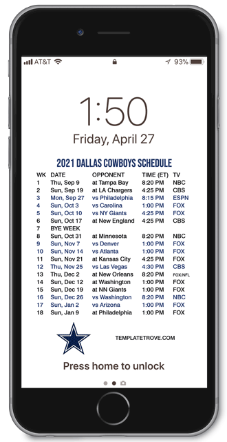 2021 Dallas Cowboys Lock Screen Schedule