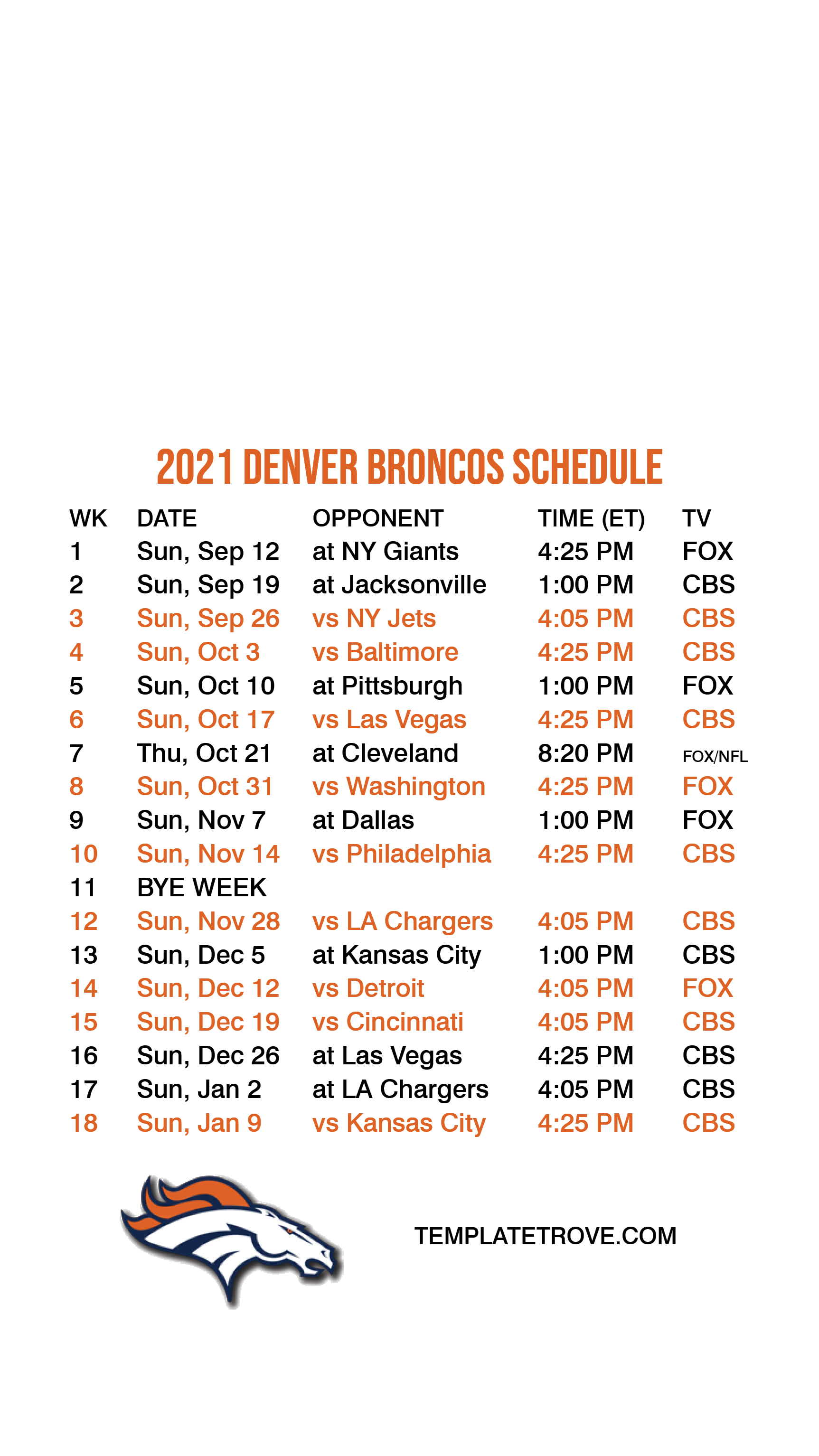 Printable Denver Broncos 2022 Schedule