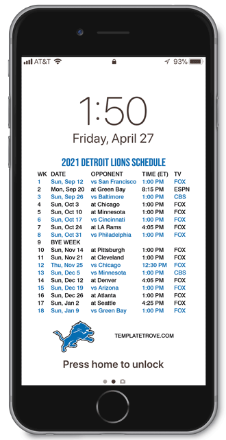 2021 Detroit Lions Lock Screen Schedule