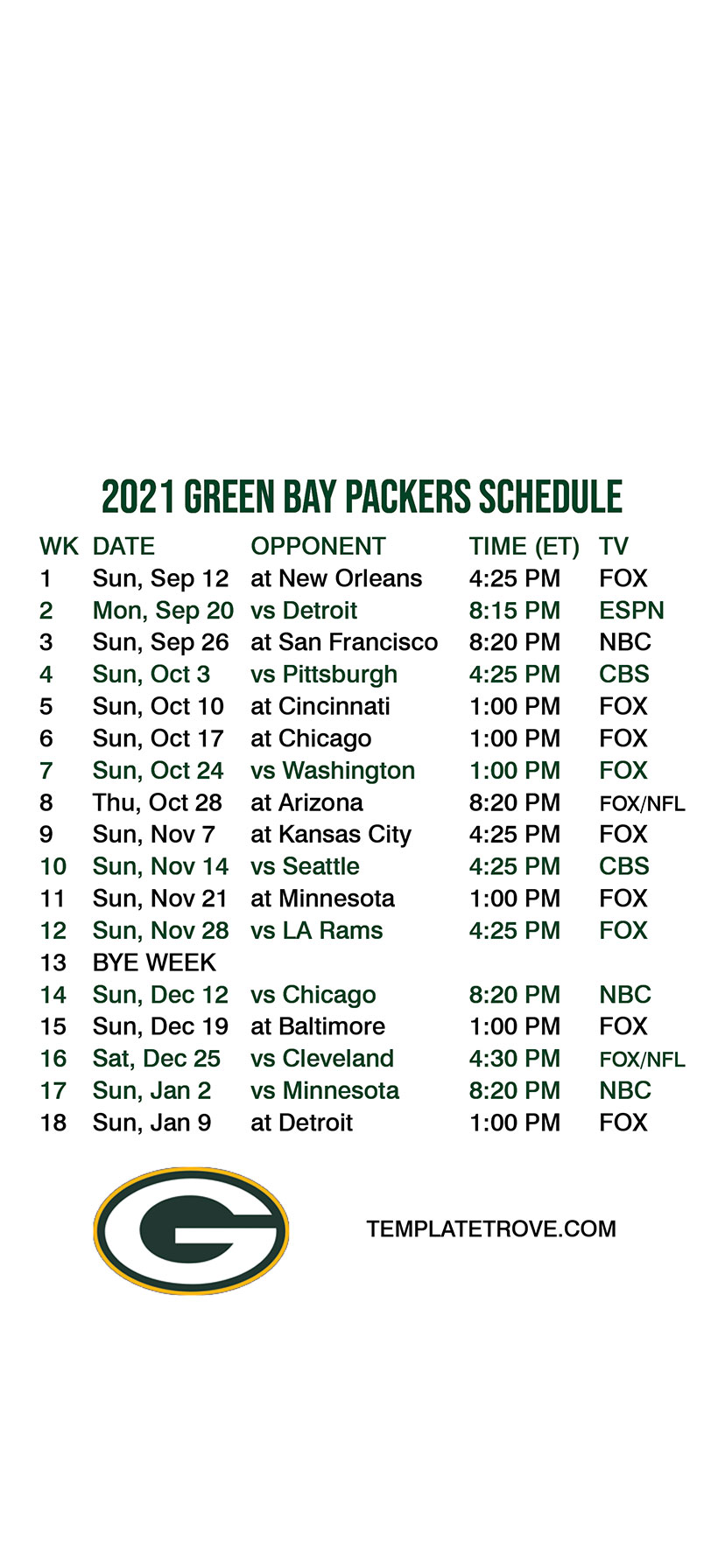 2021-2022 Green Bay Packers Lock Screen Schedule for iPhone 6-7-8 Plus
