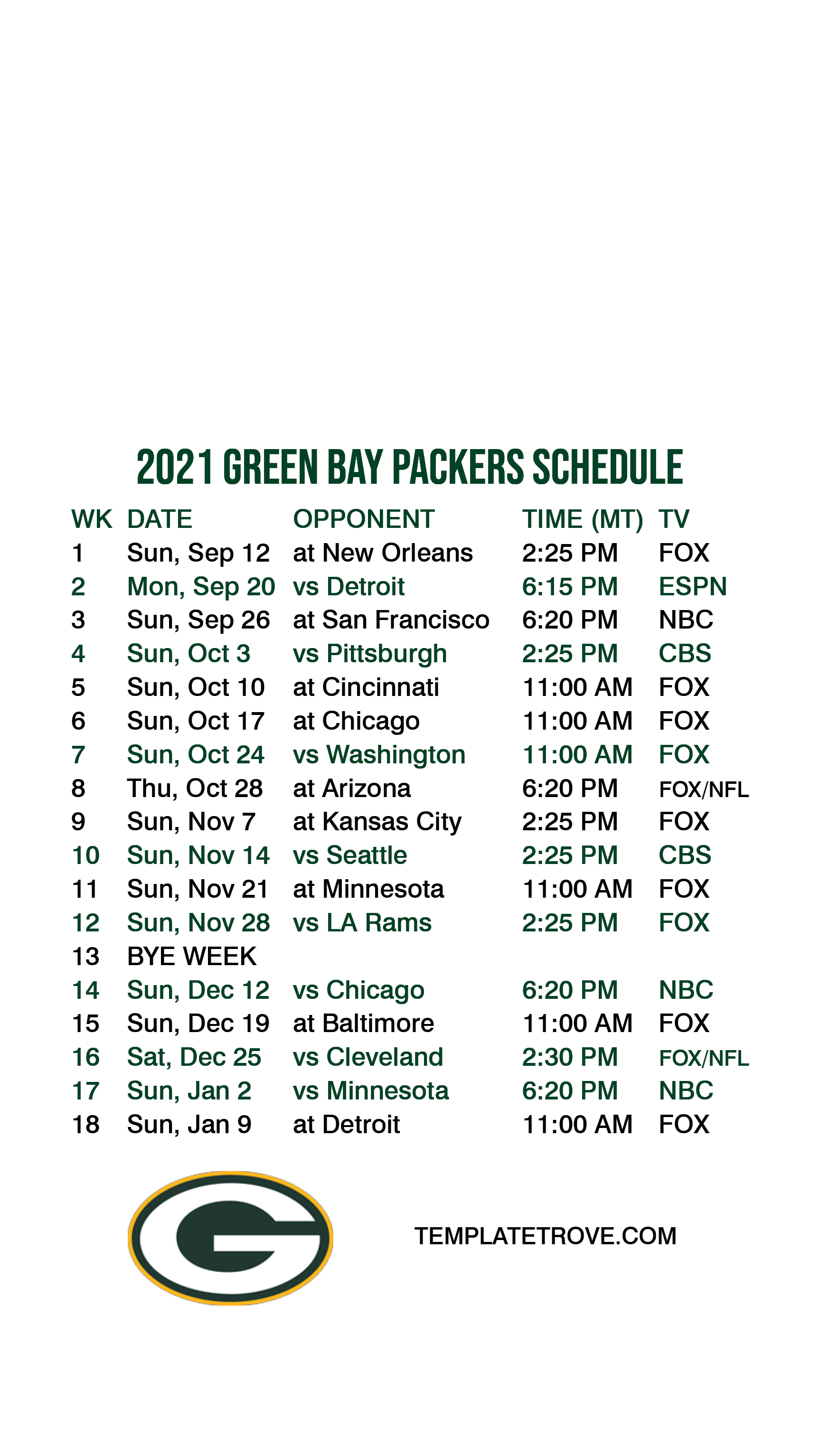 2015 green bay packer schedule