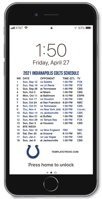 2021 Indianapolis Colts Lock Screen Schedule