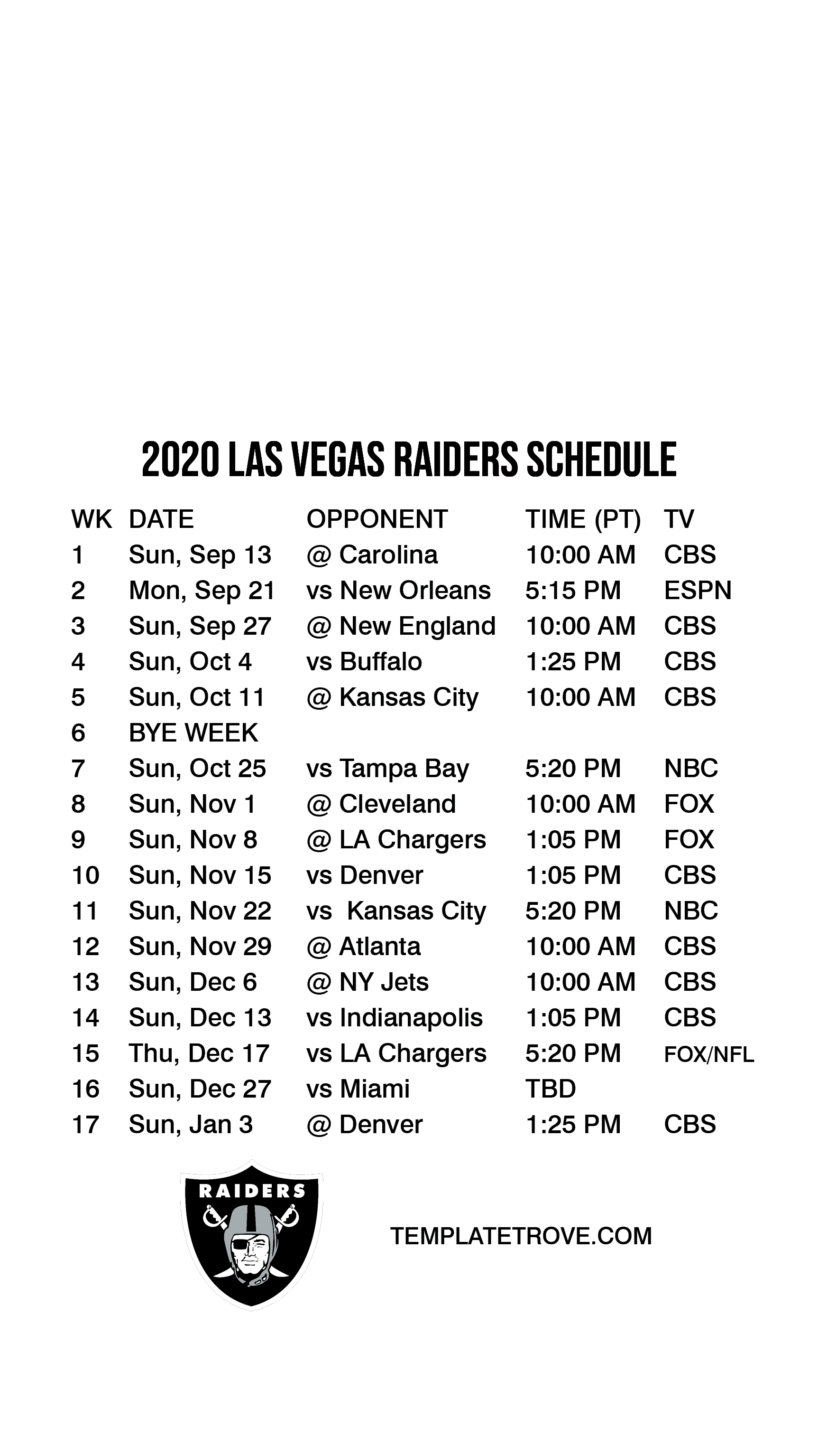 2021 - 2022 Las Vegas Raiders Schedule