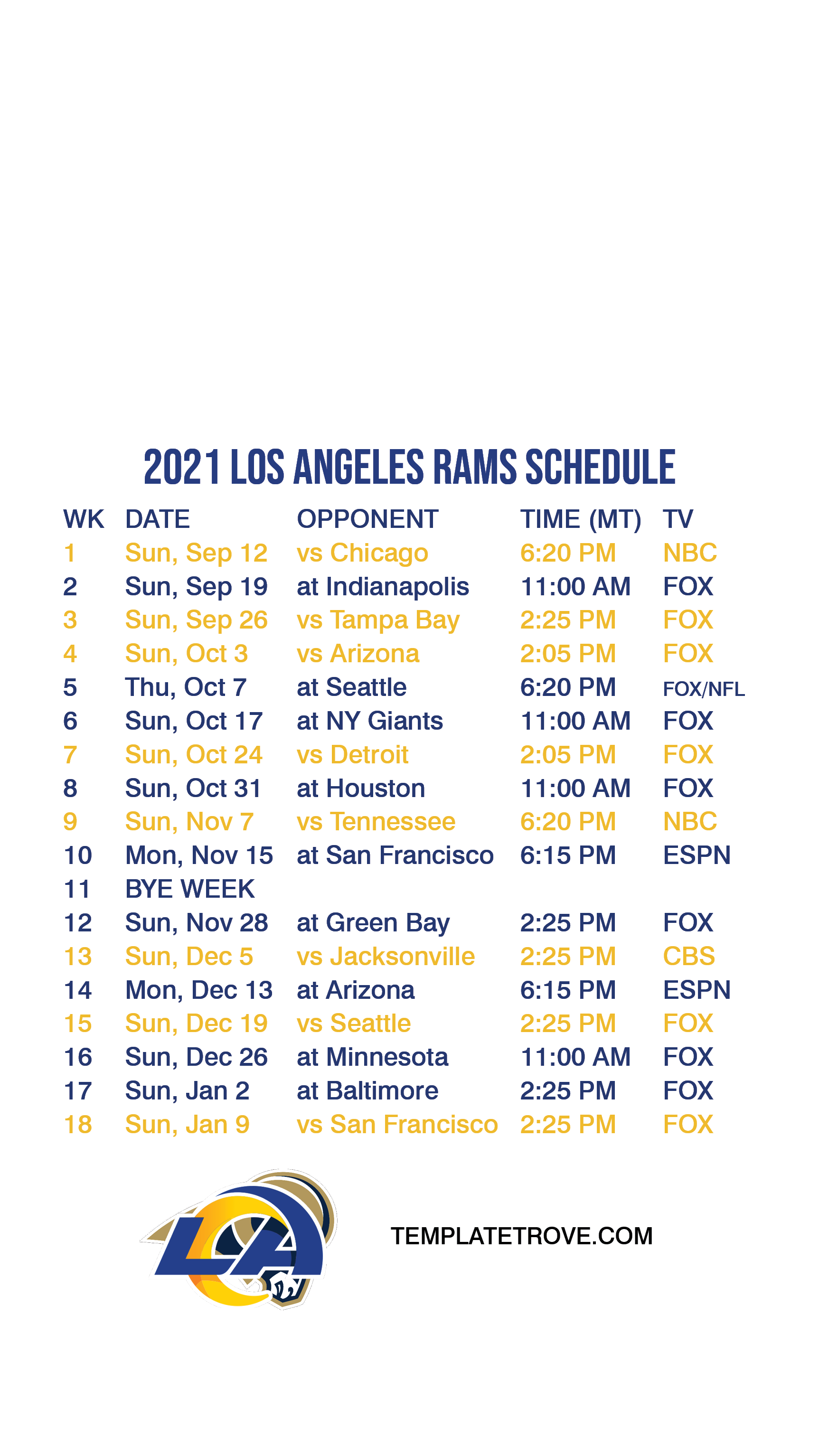 2021-2022 Los Angeles Rams Lock Screen Schedule for iPhone 6-7-8 Plus