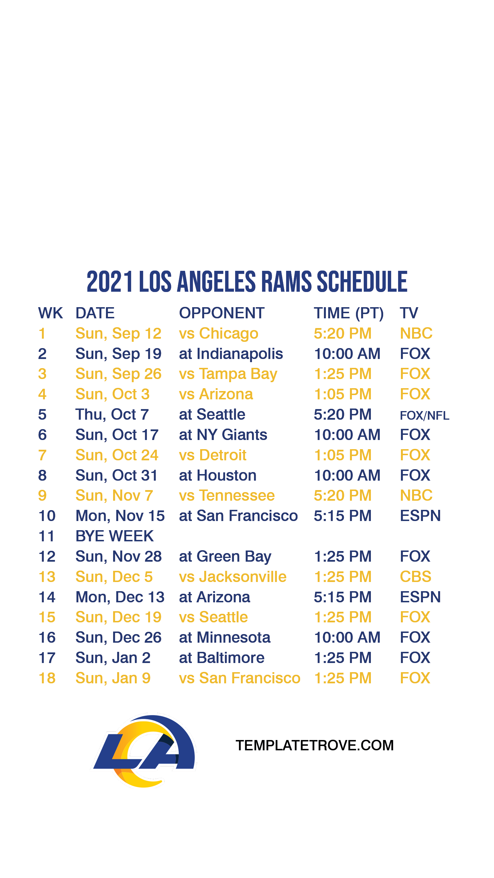 2021-2022 Los Angeles Rams Lock Screen Schedule for iPhone 6-7-8 Plus
