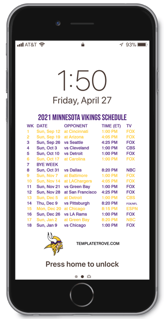 2021 Minnesota Vikings Lock Screen Schedule
